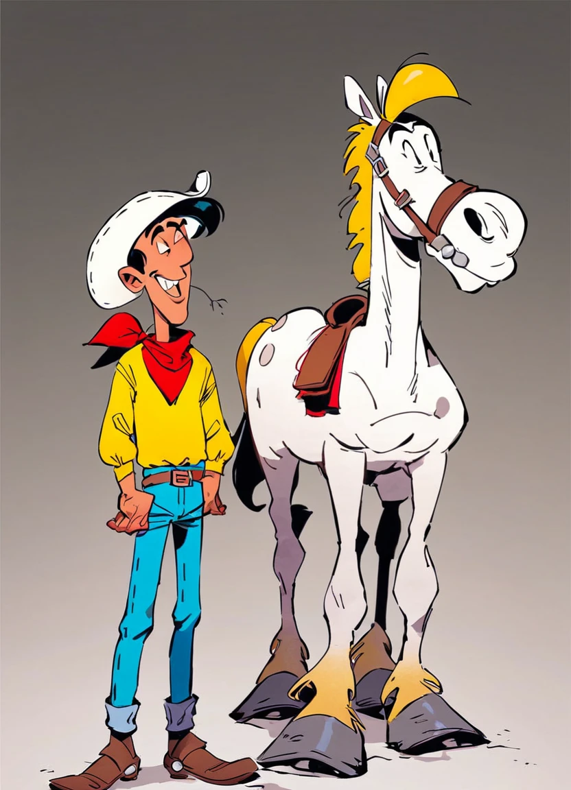 score_9, score_8_up, score_7_up, luckyluke, man with black hair in yellow shirt with a white cowboy hat, red bandana and bue jeans standing next to jollyjumper, white horse with a yellow mane, big smile,, source_cartoon, coyboy town, cinematic,
<lora:LuckyLukePony:0.8>