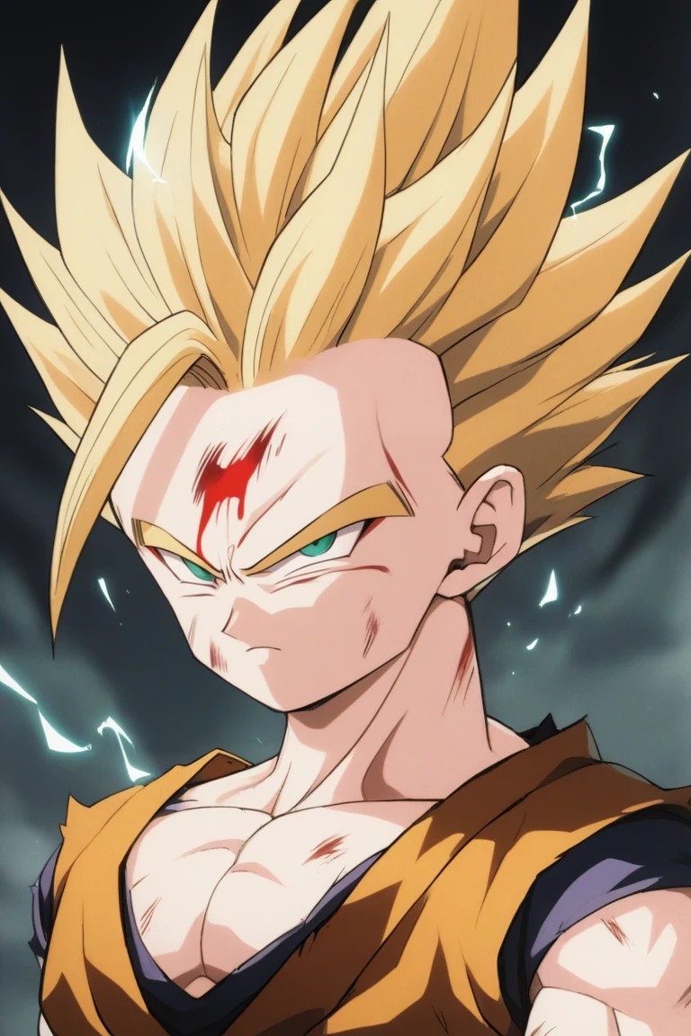 1boy,gohan,super saiyan 2,orange dougi,green eyes,,blonde_hair,yellow aura,electricity,ki,serious,(masterpiece,best quality,detailed,highres),detailed_face,dark_colors,dougi,son_gohan/(dragon ball),frown,yellow_aura,dark_colors,scars,blood,pectorals,ki_charging<lora:EMS-317132-EMS:1.000000>, <lora:EMS-289246-EMS:0.800000>