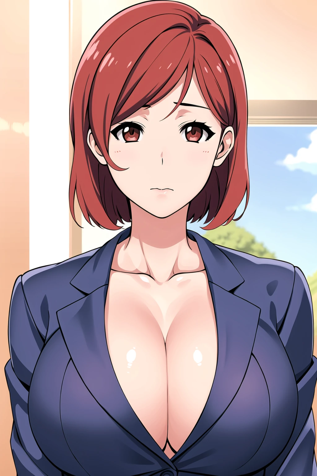 masterpiece, ,(solo:1.1), perfect face, (bright lighting:1.2),beautiful detailed eyes, extremely detailed face, perfect lighting,masterpiece, best quality, ((mature female)), ((large breasts)), 30yo female, 1girl, , hetero, 1boy, , oral, solo focus, pov, red lips