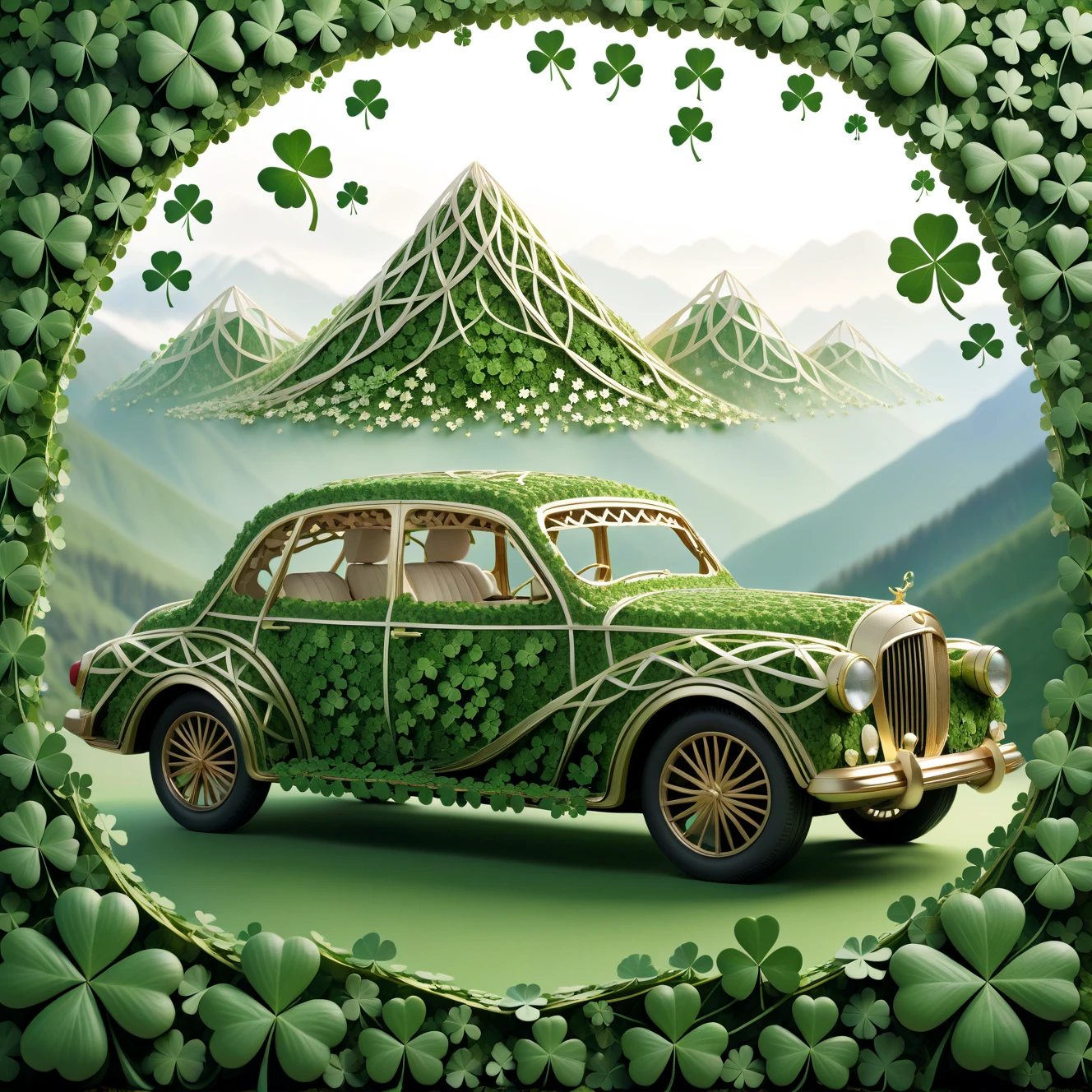 mountains, car, made of delicate shamrock clover leaves intricately woven together, <lora:Shamrocked:0.8>, creating a whimsical and ethereal look, highly detailed