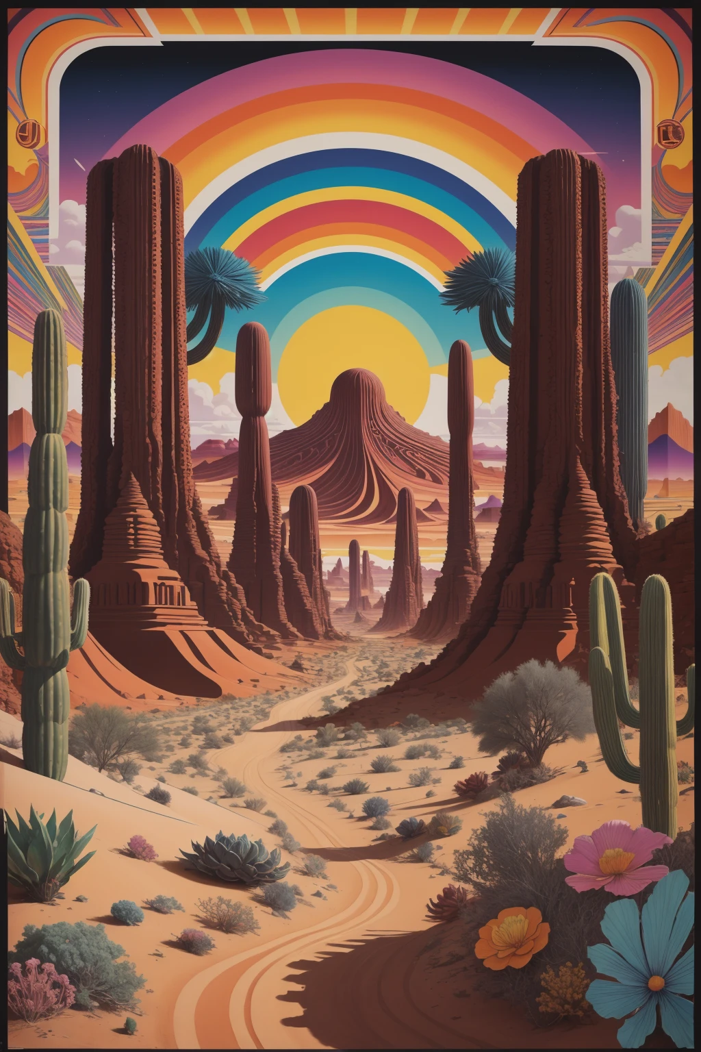 <lora:psychedelic-landscape:0.8> art-deco poster, psychedelic desert-landscape