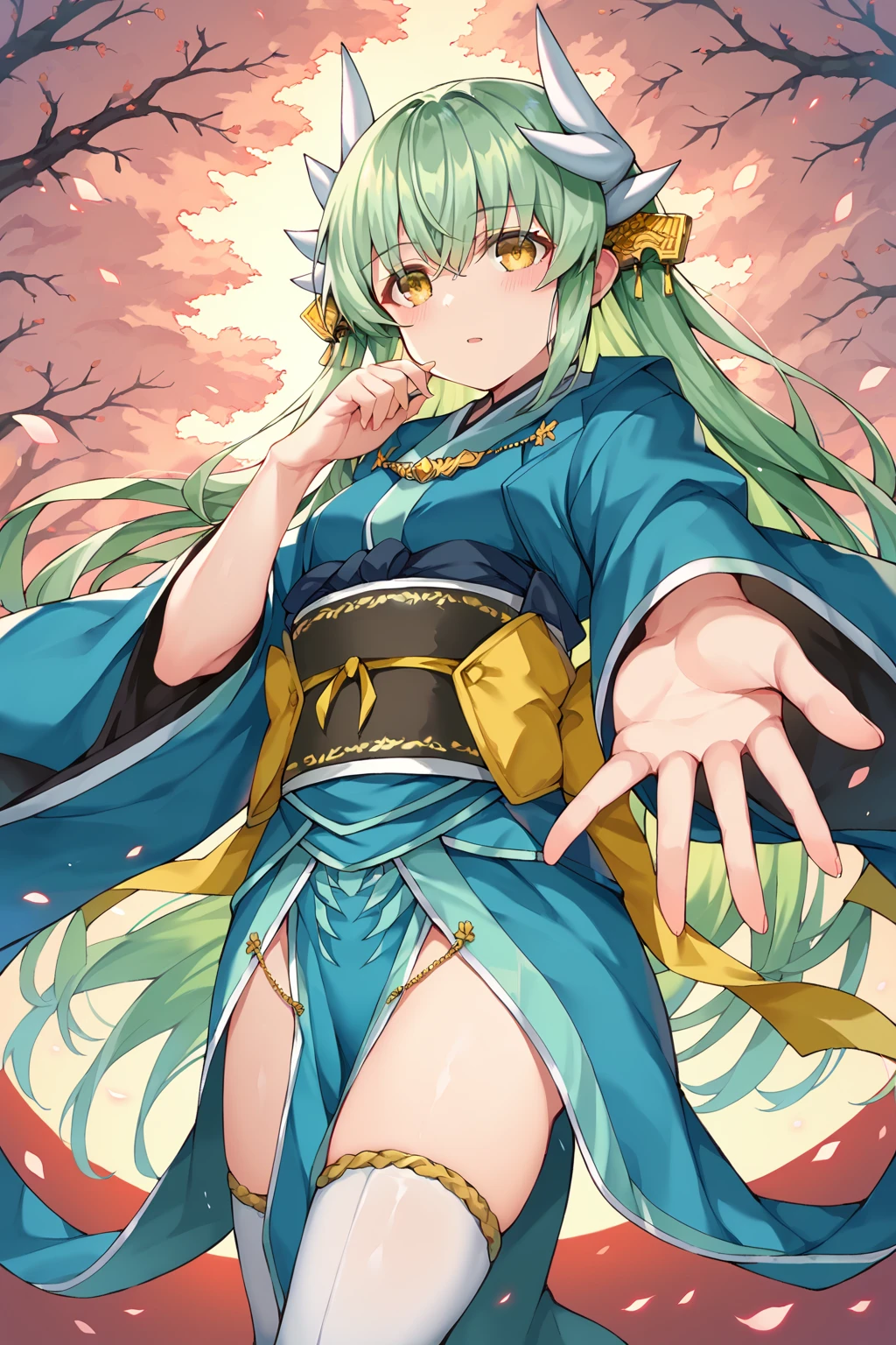 score_9, score_8_up, score_7_up, uncensored, source_anime, 1girl,  <lora:spfateKiyohimeXLPony-10:1> kiyober1st, green hair, horns, hair ornament, blue kimono, wide sleeves, sash, obi, white thighhighs, pelvic curtain