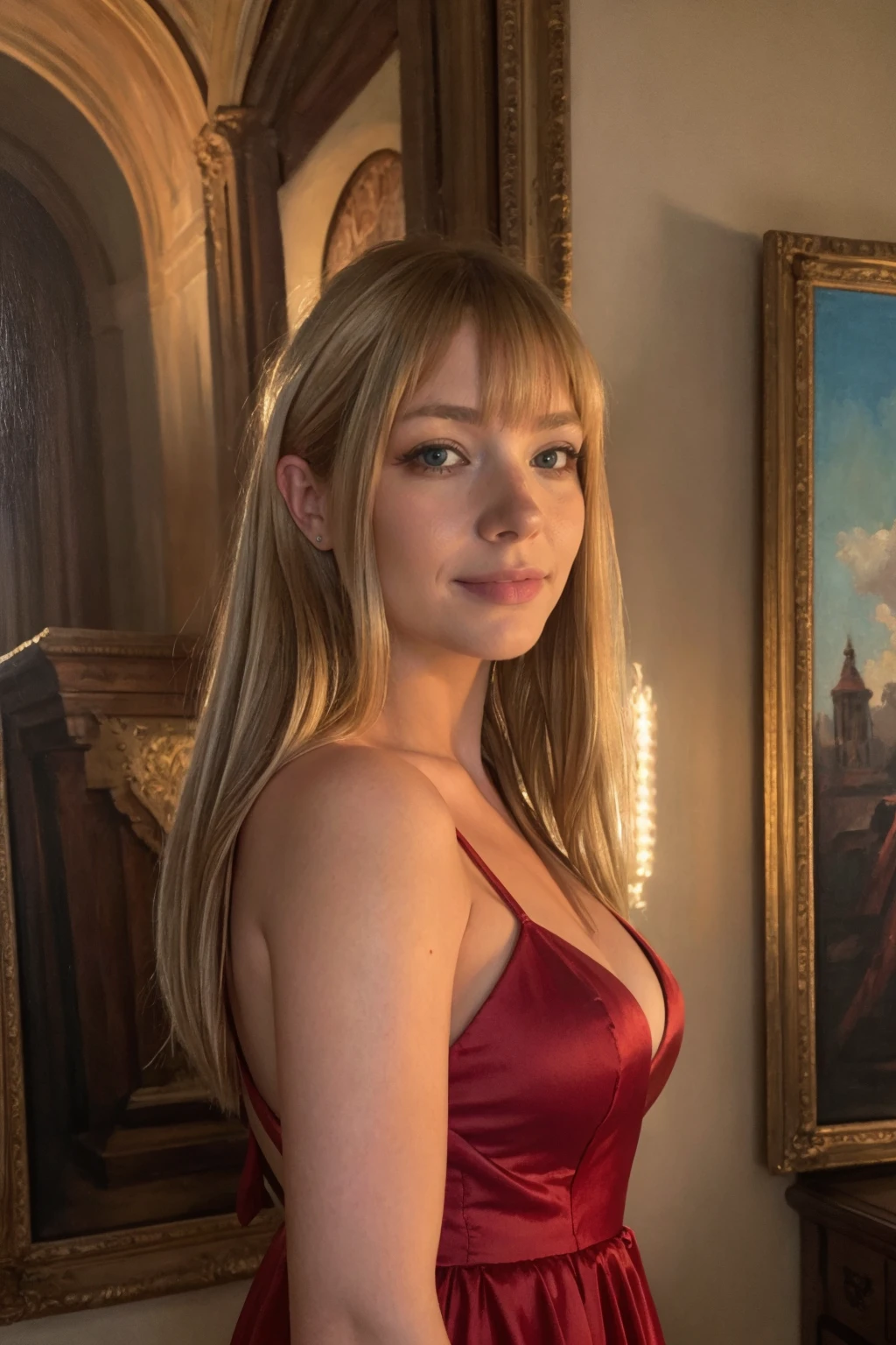 ((masterpiece)), ((detailed)), ((best quality)), (Breathtaking), ((Spectacular)), (Impressive), Woman,red dress,smile,bangs,Oil painting, Oil on canvas, Traditional painting, shallow lighting, Rim light, Separation light, Halo effect, Small aperture, Sharp from front to back,<lora:Dollblush2:0.7> Dollblush2,blonde hair