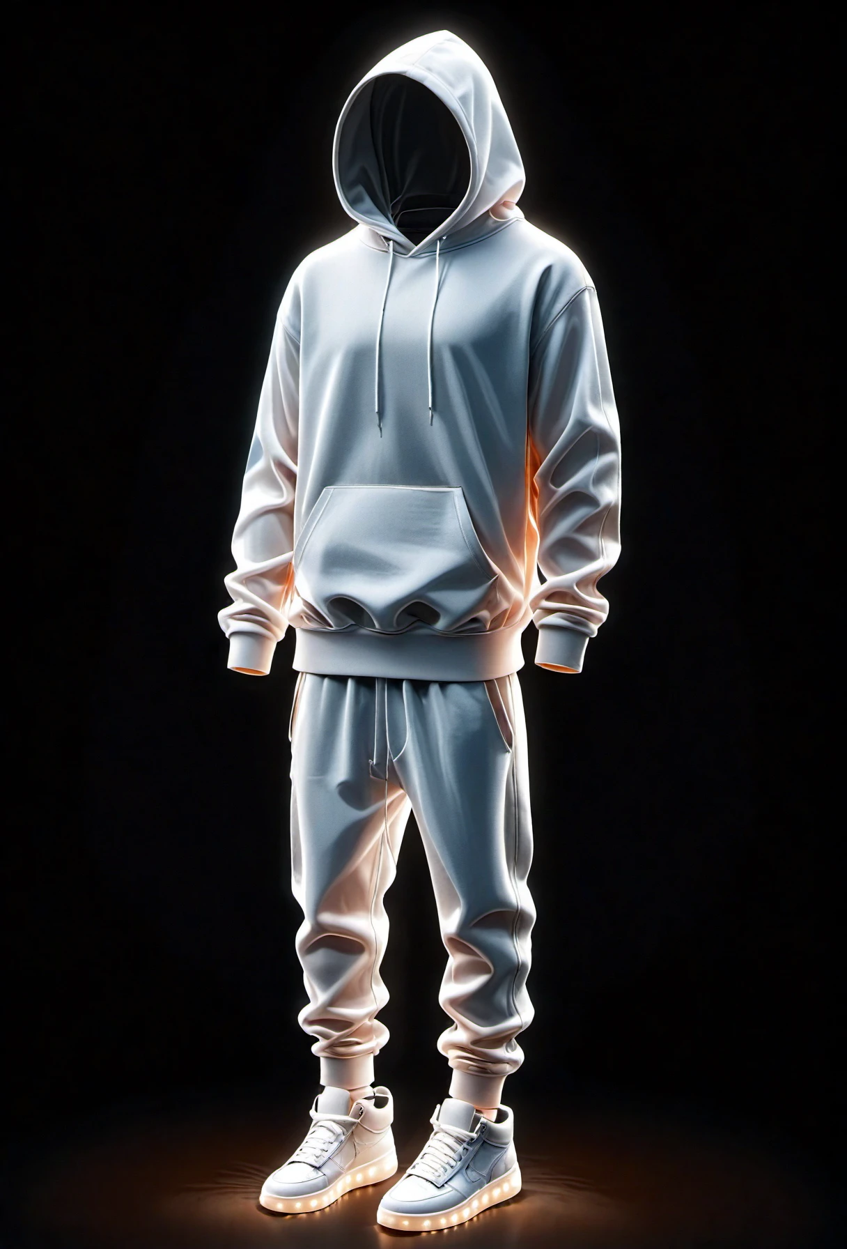 Hollow, A person stands with their hands loosely by their sides wearing a glowing white hoodie, sweatpants and high-top sneakers. The person's face is concealed by the hood, and behind them, a dark background accentuates the glowing outline and creases of the clothing. 