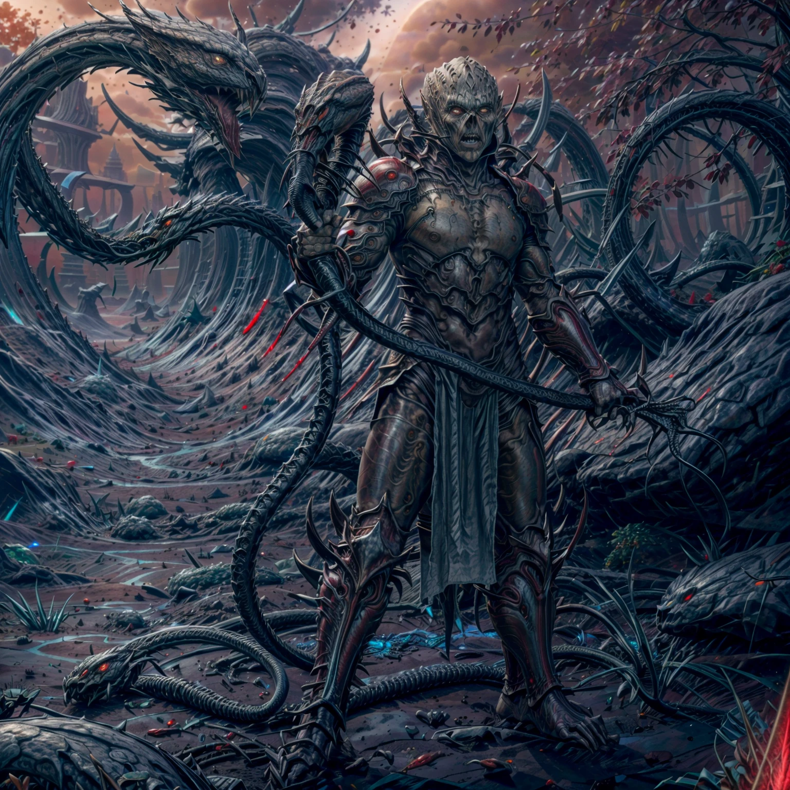 RAW photo of a male yuuzhan vong warrior <lora:YuuzhanVong:1> (wearing  organic red armor:1.3),<lora:add_detail:1> ,(holding a snake staff with both hands), background  <lora:CosmicLandscapes:.5>cosmiclandscapes