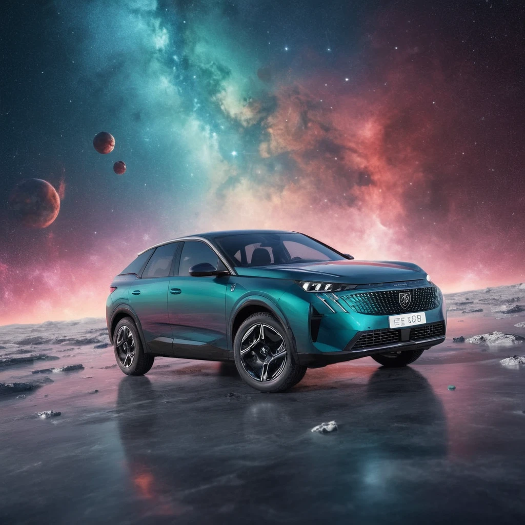 cinematic photo of e3008 car floating in space nebula background  <lora:e3008:0.8>