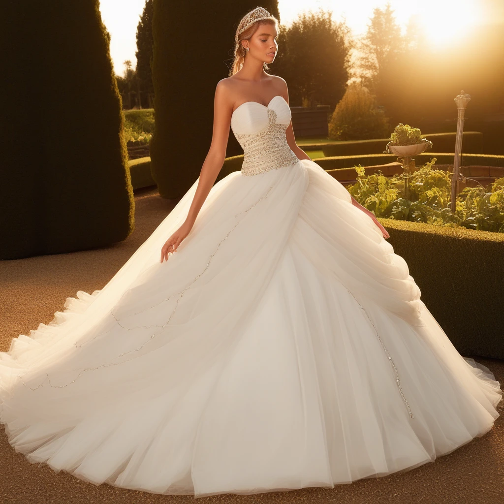 Full body photograph of beautiful woman wearing a Ba11g0wn, strapless ruched bodice, ivory tulle, crystal embellishments, full skirt, chapel train, tiara, garden setting, Golden hour, intricate side swept braid