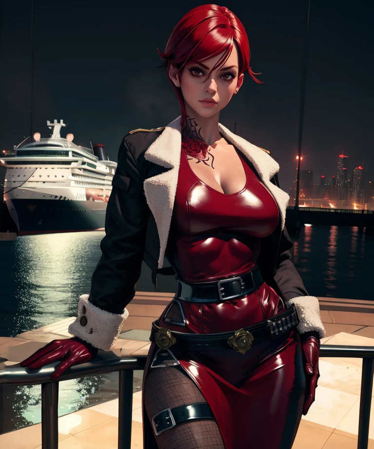 Sharon,red hair. brown eyes,rose tattoo,short hair,leaning on rail,
standing,upper body,
red dress,jacket,pelvic curtain,belt,red gloves,black pantyhose,
night,cruise ship. cityscape,
(insanely detailed, masterpiece, best quality),<lora:Sharon:0.8>,