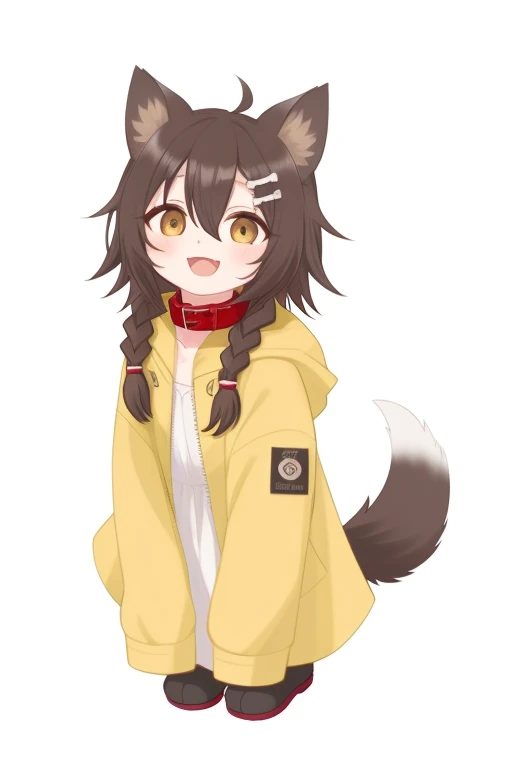 inugami korone, bone hair ornament, no humans, virtual youtuber, dog, animalization, hair ornament, brown hair, braid, :3, white background, yellow jacket, open mouth, collar, animal collar, dog ears, simple background, tail, red collar, brown eyes, twin braids, dog girl, jacket, animal ears, dog tail, hair between eyes, white dress, parody, smile, animal,