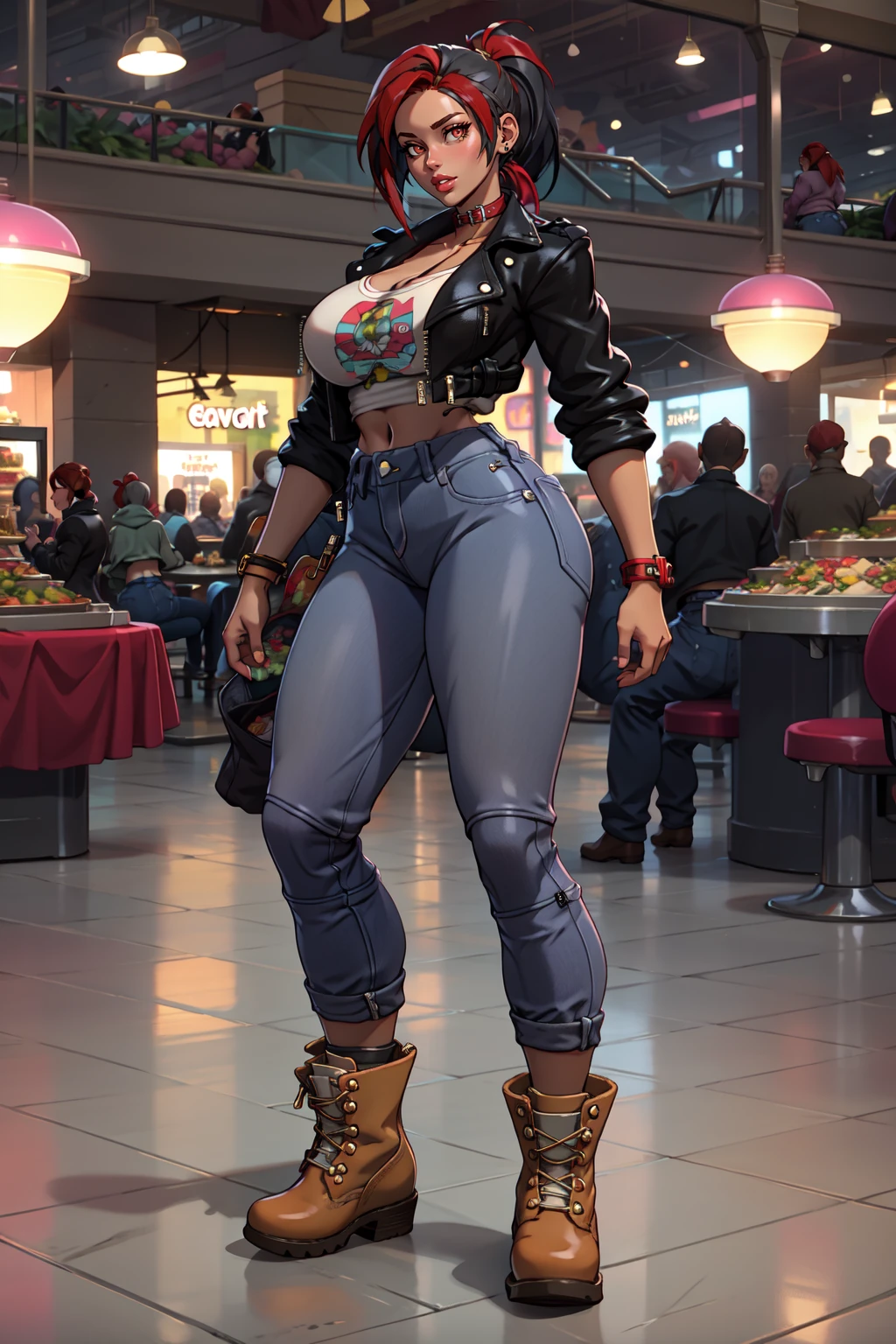 AshStreet, 1girl, solo, breasts, looking at viewer, huge breasts, full body, denim, jeans, brown boots, ponytail, headphones, red eyes, red hair, multicolored hair, black hair, medium hair, midriff, jacket, thick thighs, thick hips,
(mall, food court),
, <lora:AshStreetStyle-000030:0.7>,