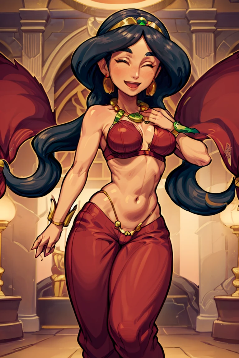 <lora:Bold_CAT:0.5>, <lora:more_details:0.5>, ((masterpiece,best quality)), absurdres, <lora:Drasna_Pokemon_v2:0.7>, drasna (pokemon), 1girl, solo, long hair, black hair, closed eyes, earrings, jewelry, necklace, spikes, smile, looking at viewer, <lora:Jasmine_character-20:0.5>, very long hair, forehead jewel, navel, red harem pants, wide hips, narrow waist,