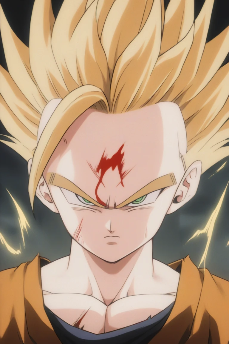 1boy,gohan,super saiyan 2,orange dougi,green eyes,,blonde_hair,yellow aura,electricity,ki,serious,(masterpiece,best quality,detailed,highres),detailed_face,dark_colors,dougi,son_gohan/(dragon ball),frown,yellow_aura,portrait,scars,blood,pectorals<lora:EMS-317132-EMS:1.000000>, <lora:EMS-289246-EMS:0.800000>