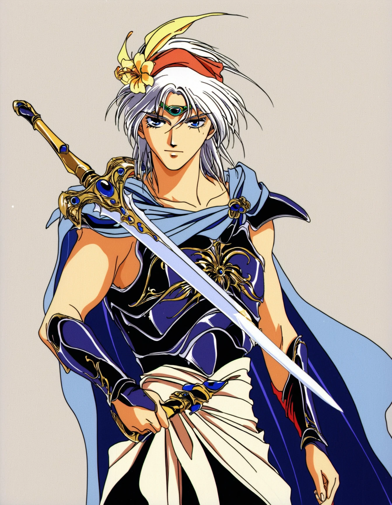 Arislan Retro Style, solo, blue eyes, 1boy, holding, weapon, flower, white hair, male focus, sword, cape, holding weapon, armor, circlet, retro artstyle, 1990s (style), turban, source_anime , <lora:ArislanPonyXL:0.8>