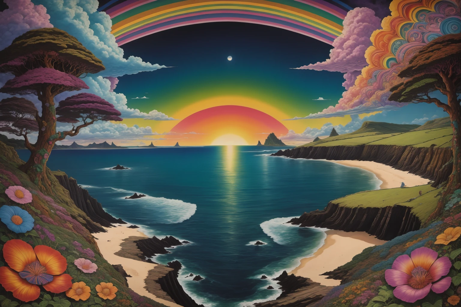 <lora:psychedelic-landscape:1>poster, psychedelic irish-coastal-landscape