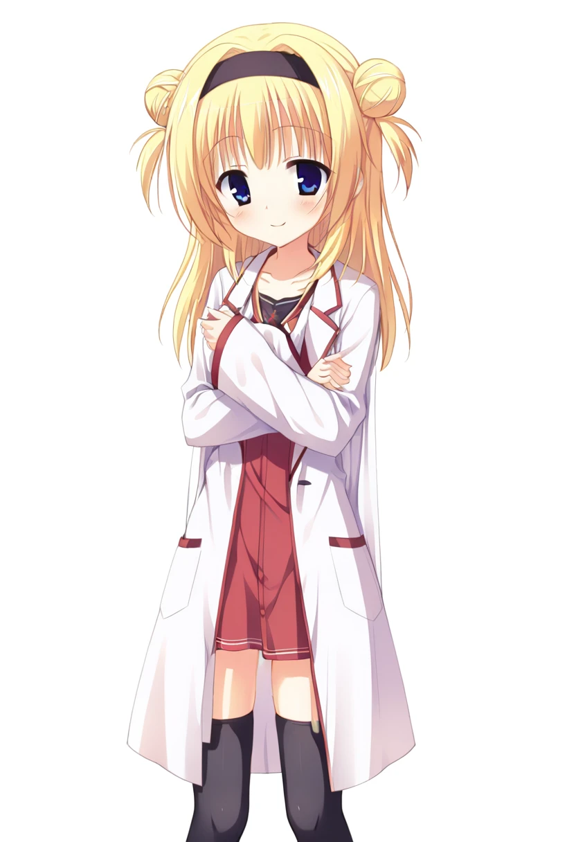 (1girl),chitose sana,yellow hair,blue eyes, double bun,black hairband,smile,blush,closed mouth,lab coat,black thighhighs,standing,white background, <lora:sana_xl_v2r10-000012:0.8>