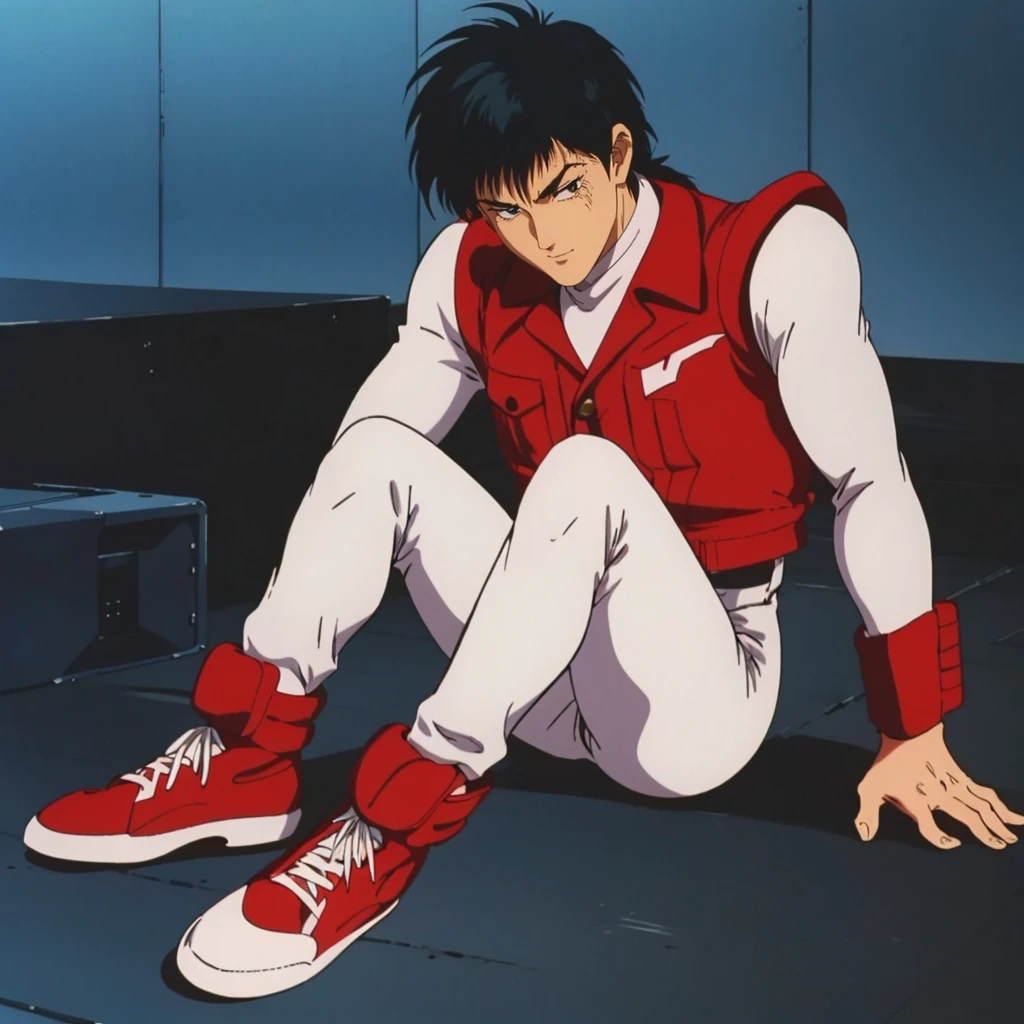 <lora:TakayaAiba002:0.7>,
solo,
TakayaAiba,1boy,black hair,spike hair,black eyes,retro artstyle,1980s (style),
uniform,red vest,long sleeves,
white pants,
red footwear,
full body,sitting,