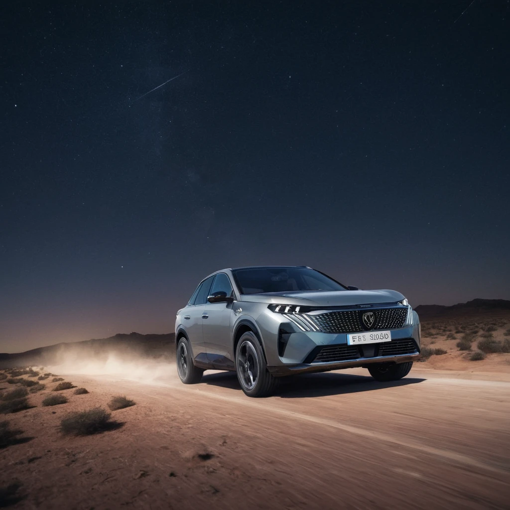 cinematic photo of e3008 car driving in desert at night with stars in the sky  <lora:e3008:0.8>