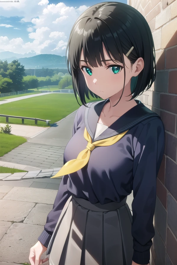 suguhakirigaya, <lora:suguha kirigaya s1-lora-nochekaiser:1>, 
suguha kirigaya, short hair, black hair, hair ornament, hairclip, (green eyes:1.3),
BREAK skirt, school uniform, pantyhose, pleated skirt, serafuku, sweater, grey serafuku, neckerchief, yellow neckerchief, grey skirt,
BREAK outdoors, nature, forest, sun, sky,
BREAK looking at viewer, (cowboy shot:1.5),
BREAK <lyco:GoodHands-beta2:1>, (masterpiece:1.2), best quality, high resolution, unity 8k wallpaper, (illustration:0.8), (beautiful detailed eyes:1.6), extremely detailed face, perfect lighting, extremely detailed CG, (perfect hands, perfect anatomy),