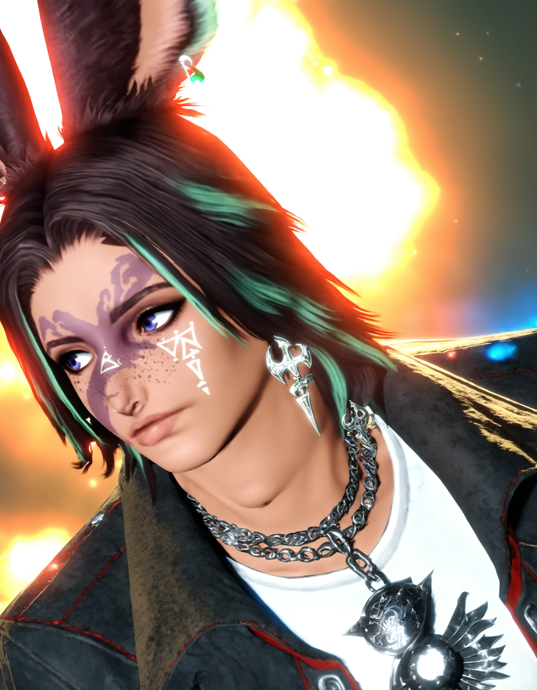 score_9, score_8_up, score_7_up, score_6_up, score_5_up, score_4_up, source_anime, BREAK khit'li viera, solo, jewelry, jacket, facial mark, black hair, necklace, earrings, shirt, viera, multicolored hair, white shirt, lips, black jacket, freckles, tattoo, two-tone hair, laying, looking to the side, side lighting, <lora:KhitliLocar_VieraPonyXL:0.75> DuskMovieXL LimitBreakStylerXL LuT_RBR