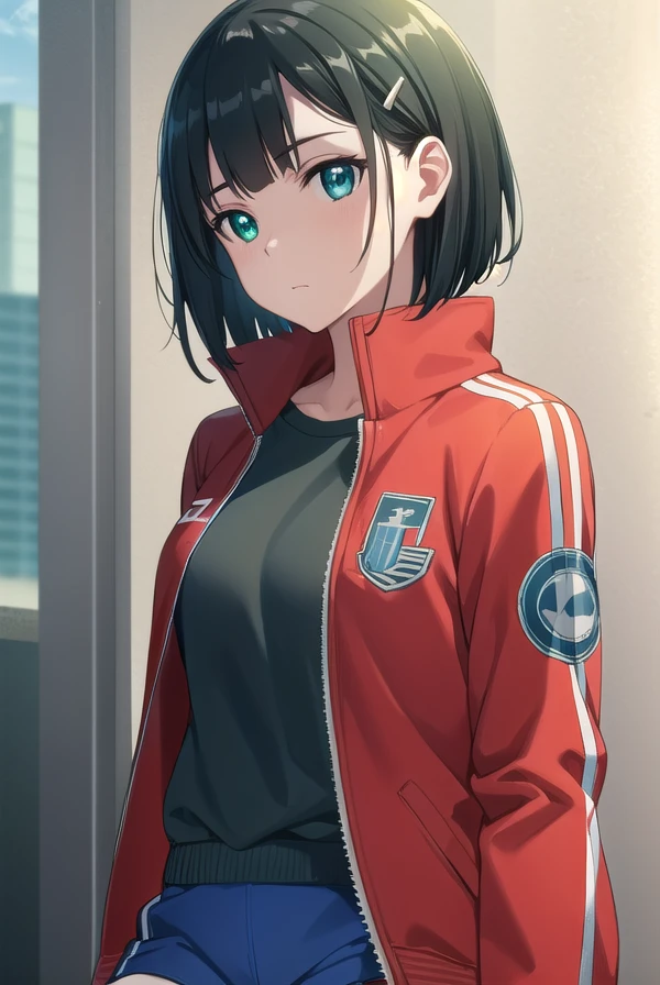 suguhakirigaya, <lora:suguha kirigaya s1-lora-nochekaiser:1>, 
suguha kirigaya, short hair, black hair, hair ornament, hairclip, (green eyes:1.3),
BREAK jacket, shorts, short shorts, blue shorts, track jacket, dolphin shorts, gym shorts, (red jacket:1.2), shirt, (black shirt:1.2),
BREAK outdoors, nature, forest, sun, sky,
BREAK looking at viewer, (cowboy shot:1.5),
BREAK <lyco:GoodHands-beta2:1>, (masterpiece:1.2), best quality, high resolution, unity 8k wallpaper, (illustration:0.8), (beautiful detailed eyes:1.6), extremely detailed face, perfect lighting, extremely detailed CG, (perfect hands, perfect anatomy),