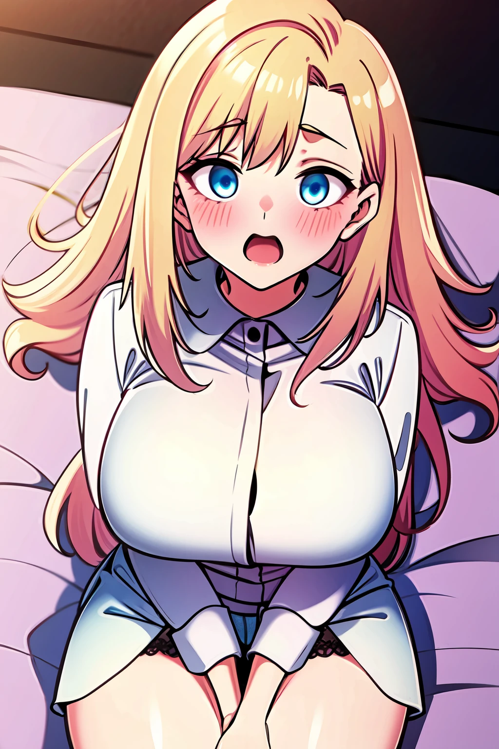 blonde hair,milf,blue eyes,long hair,angry,open mouth,big breasts,on bed,,blush,cowboy shot,,solo,white sweater,skirt,full body
,lying,dakimakura
