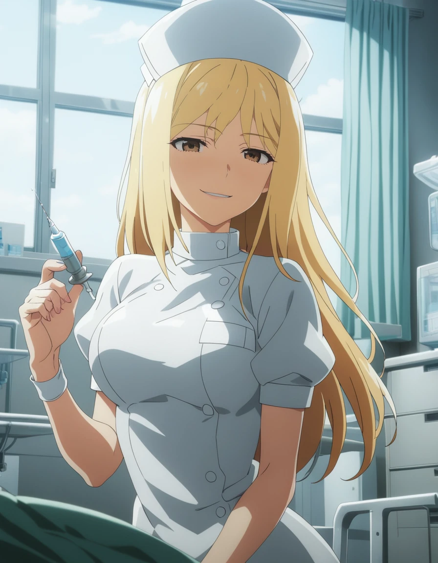 1girl,
<lora:takanomiyoXL1:0.8>,takanomiyo,
blonde hair,long hair,brown eyes,
nurse,nurse cap,
evil smile,
have an injection,
hospital,
dynamic angle,
masterpiece, best quality, ultra detailed, highres,4k,(ultra-detailed:1.4) (illustration:0.5), (ray tracing,:0.8),(anime colored:0.7),(ai-generated:0.5), (anime screencap:1.2),