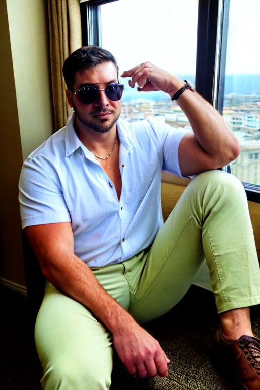 handsome ethanpage, inside hotel room, sitting, wearing unbuttoned shirt, plain white shirt, khaki pants, leather shoes, sitting, looking out the window, sunglasses, beefy, burly