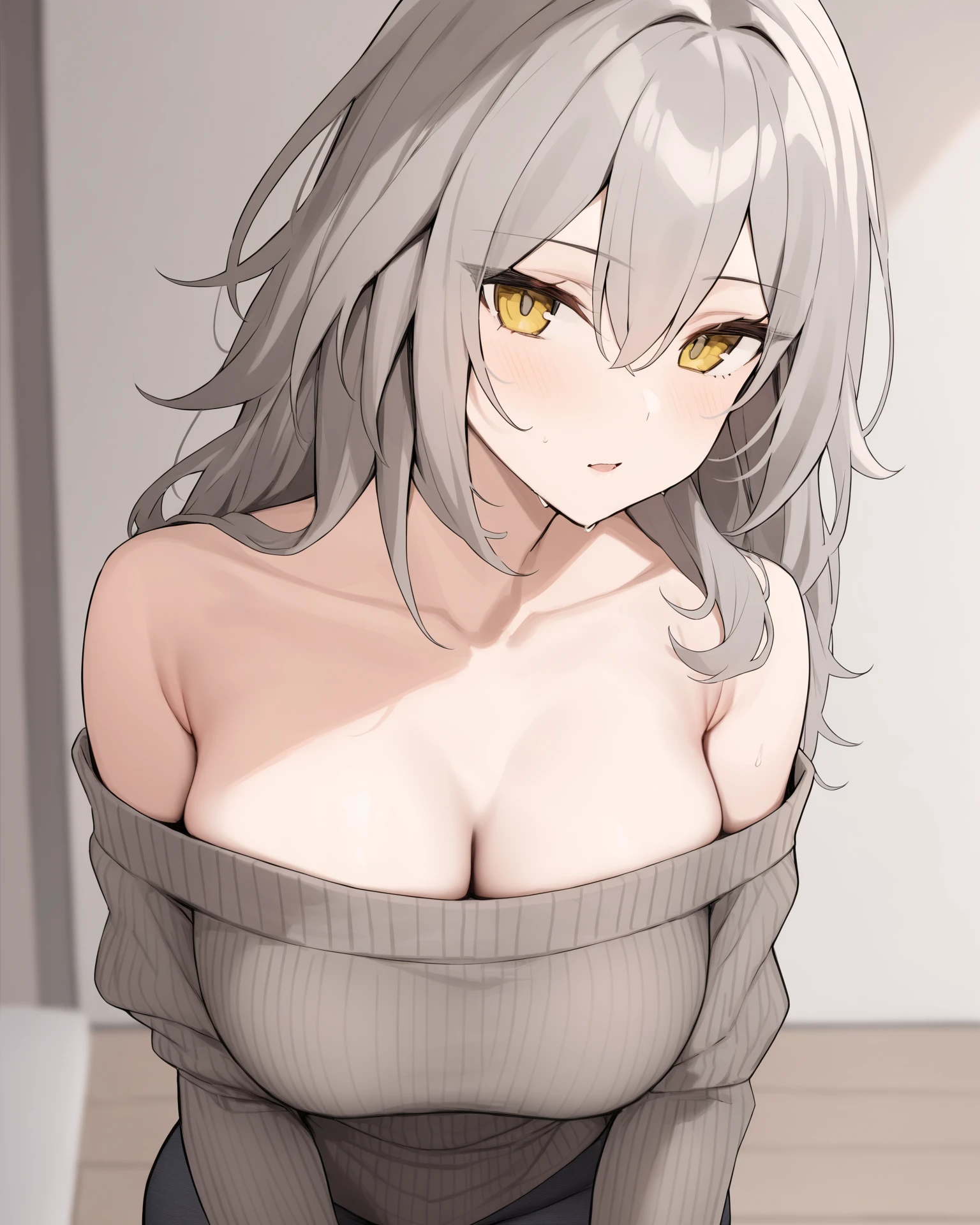 <lora:xl_Stelle(kohaku_delta):1>,stelle is a girl with long gray hair and yellow eyes,off-shoulder sweater,, masterpiece, best quality,
