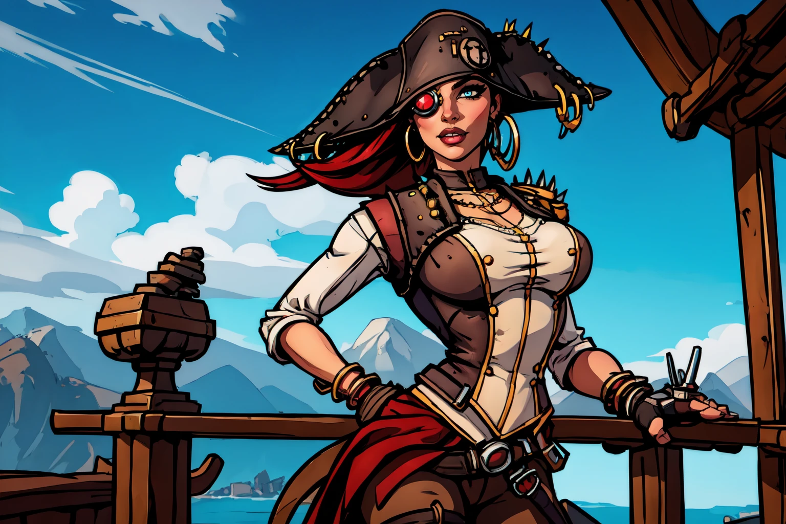beautiful eyes, beautiful girl, high detail skin, high detail eyes, high detail hair, highres, ultra detailed, sharpen picture, Highly detailed, masterpiece, best quality, photorealistic,
, on a pirate ship, <lora:CaptainScarlettLora:0.8>1girl, long hair, jewelry, hoop earrings, eyepatch:1.4, pirate hat, spikes, shoulder armor, top, vest, fingerless gloves, bracelet, mechanical hand, belt, pants, lip piercing, mechanical leg, explosions, blue sky,
