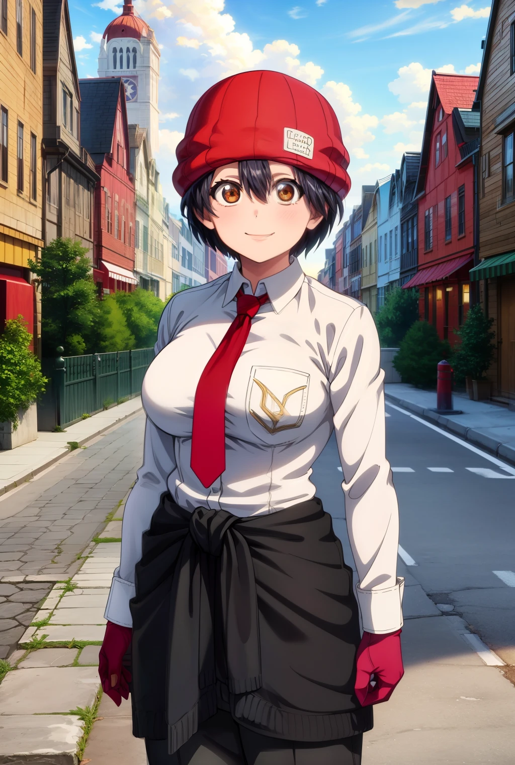 (masterpiece:1.3), (best quality, high quality, highres:1.2), solo focus, <lora:more_details:0.5>,fuuko_wz, black hair,short hair, brown eyes, large breasts, red gloves, red necktie, red headwear, red beanie, collared shirt, long sleeves, black pants, white shirt, clothes around waist, <lora:izumo_fuuko-09:0.8>, standing, cowboy shot, looking at viewer, smile, outdoors, city, street, day