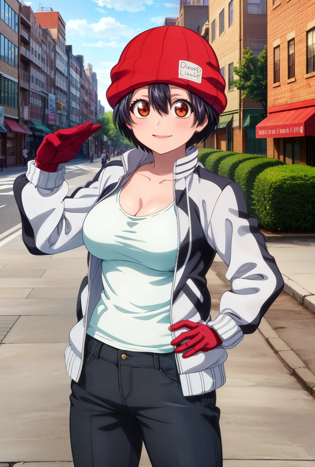 (masterpiece:1.3), (best quality, high quality, highres:1.2), solo focus, <lora:more_details:0.5>, fuuko_wz, black hair, short hair, brown eyes, large breasts, cleavage, short hair, red gloves, red beanie, red eyes, jacket, pants, <lora:izumo_fuuko-09:0.8>, hand on hip, cowboy shot, looking at viewer, smile, outdoors, city, street, day