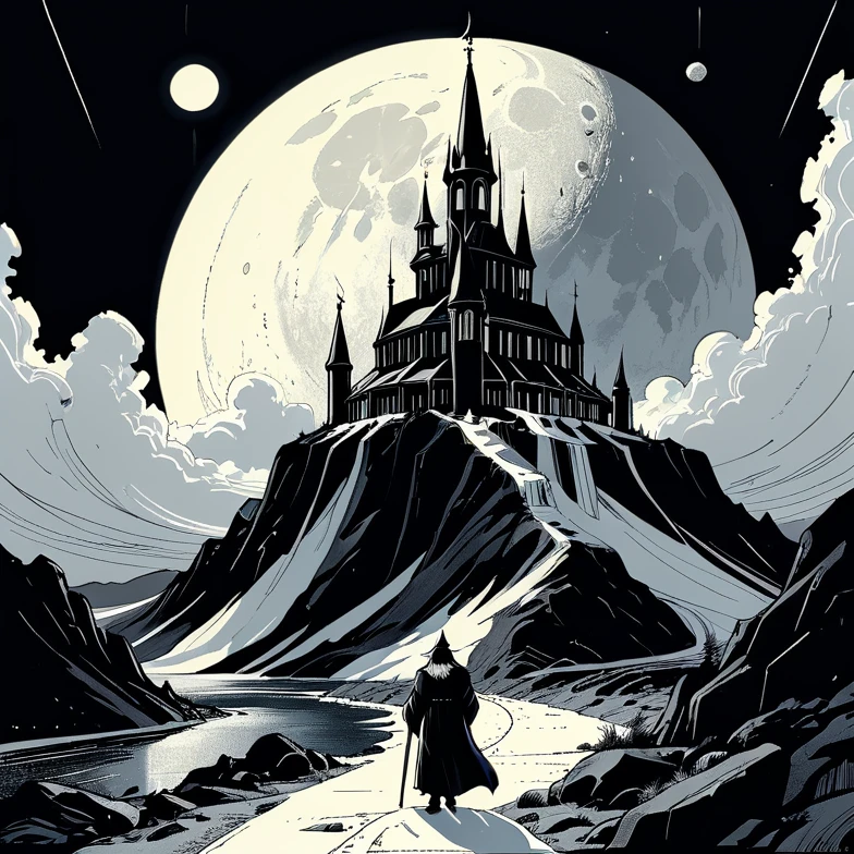 <lora:The_Pulp_Session:0.8><lora:Michelangelo_Michelangelo_Paintings_High_Renaissance-000008:0.8> black and white drawing, wizard, familiar, labratory, clean ink line drawing, artwork by Moebius, catholic curch on the Moon, otherworldly landscape but extremely beautiful,