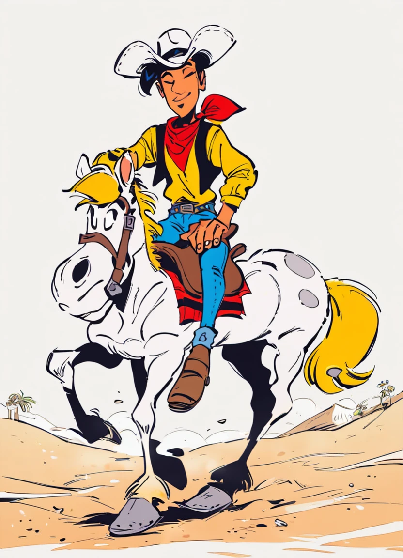 score_9, score_8_up, score_7_up,, luckyluke cowboy riding a horse, jollyjumper, source_cartoon, white cowboy hat, red bandana, black hair, yellow shirt, blue jeans, white background, white horse with yellow mane, desert background, sparse vegetation
<lora:LuckyLukePony:0.8>