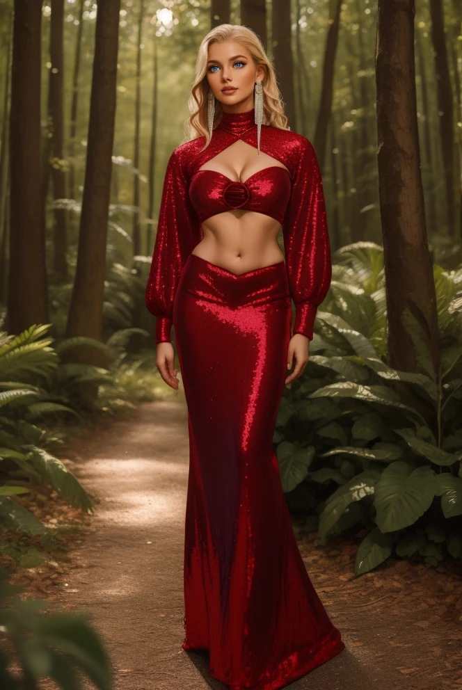 HUD_Rd_Seq, red sequin rosettes, crop top, maxi skirt, bare midriff, navel, cleavage, long sleeves, shoulder cover, shrug, long earrings, <lora:HUD_Rd_Seq-08:0.7>, full body, woman, blonde hair, looking at viewer, outdoors, forest background, bokeh