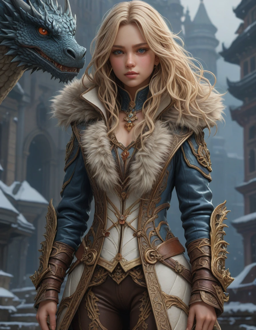 dragon hunter wearing a fur - lined dragonhide jacket!!! beautiful and gorgeous wild white long haired female!! symmetry, character concept art, sharp focus, illustration, art by artgerm! greg rutkowski magali villeneuve wlop! ilya kuvshinov!! sylvain chomet and charlie bowater, octane render, unreal engine 5, highly rendered!!, astral healing temple, energy healing, spiritual rejuvenation, balancing life forces, <lora:detailed_notrigger:1>