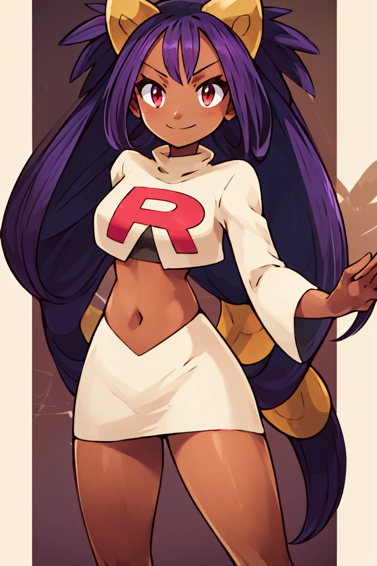 ((masterpiece,best quality)), absurdres, <lora:Iris_Pokemon_v2:0.8>, iris (pokemon), purple hair, long hair, red eyes, dark skin, big hair,  <lora:Cosplay_TeamRocket_v2:0.8>, team rocket, team rocket (cosplay),  solo, smile, looking at viewer, cowboy shot,