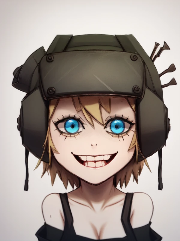 girl holding weapon, looking_at_viewer, red_theme, simple_background, solo, tank helmet, transparent_background, psychopomp, helmet, red head, red hair, red skin, red outline, crazy grin, gapmoe yandere grimdark, big smile, bit teeth, detailed teeth, shizo, psychopath detailed eyes
monochrome red, red background, holding hammer,
<lora:Psychopomp:1.0>