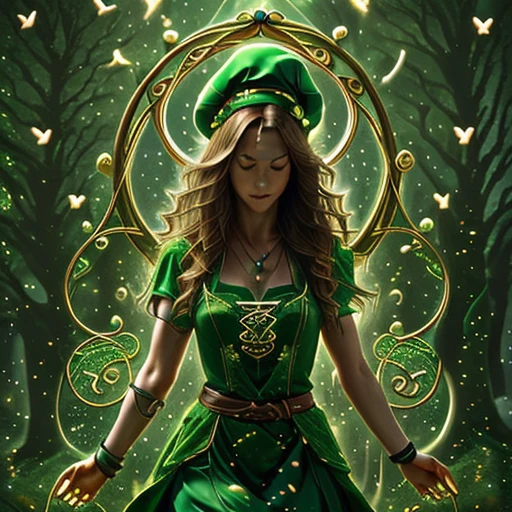 An unearthly fantasy concept art of a beautiful forest woman, a beautiful dancing Celtic leprechaun woman dancing under the starry sky. Her dress flutters in long curls - a masterpiece, the best quality, 1 Celtic leprechaun woman, "Elements of St. Patrick's Day" by Michael William Kaluta and Afarin Sajedi, (animated, cute, expertly executed: 1.4), poster, bold lines, overly detailed, expressive, award-winning, (frame from the film: 1.4), (intricate details, masterpiece, best quality:1.4),
a look at the viewer, dynamic pose, wide viewing angle, masterpiece, best quality, silhouette of a woman in a leprechaun costume and a leprechaun hat, Karn Griffiths, Emily Kell, Steve McCurry, Jeffrey Terence, Aaron Horkey, Jordan Grimmer, Greg Rutkowski, amazing depth, double exposure, surrealism, geometric patterns, Holy Elements St. Patrick's Cathedral of that time, shamrocks, golden pot, pipe, harp, candle, beer, Celtic cross, intricate detailing, bokeh, perfectly balanced, deep fine borders, artistic, smooth, excellent work of the head of the rapid development department,<lora:Zenpainting l -SDXL_v1.0:0.7>, illustration of Zen painting,