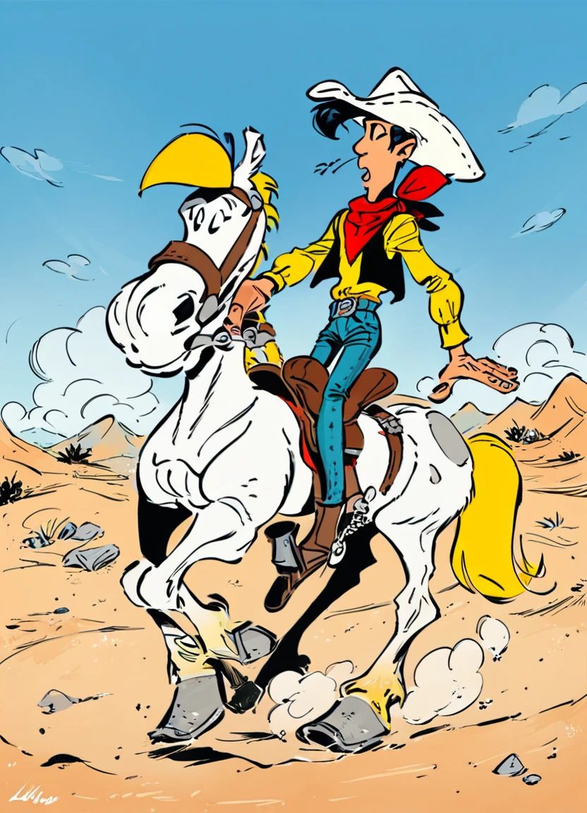 score_9, score_8_up, score_7_up,, luckyluke cowboy riding a horse, jollyjumper, source_cartoon, white cowboy hat, red bandana, black hair, yellow shirt, blue jeans, white horse with yellow mane, desert background, sparse vegetation
 <lora:LuckyLukePony:1>
