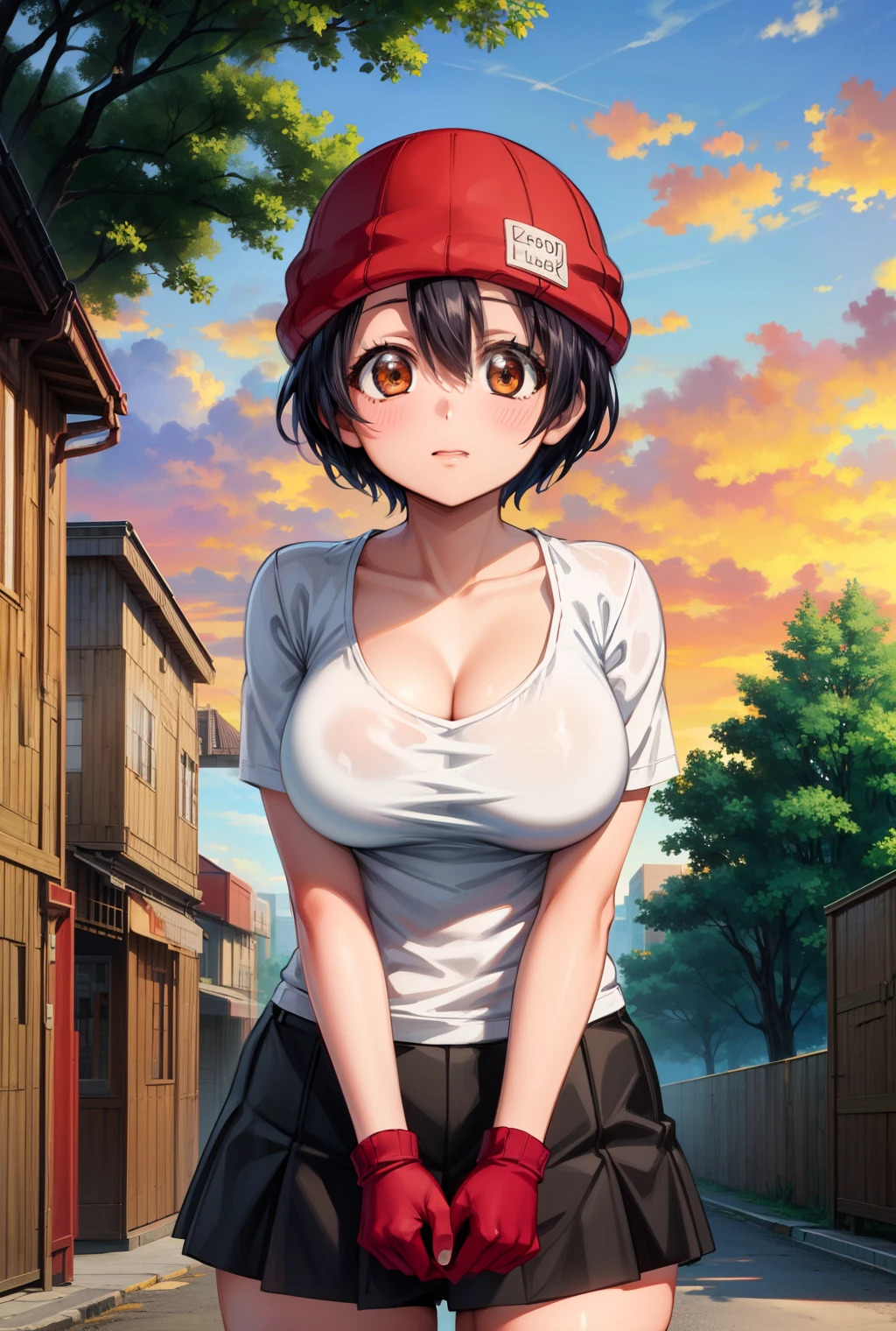 (masterpiece:1.3), (best quality, high quality, highres:1.2), solo focus, <lora:more_details:0.5>,<lora:izumo_fuuko-09:0.7>, fuuko_wz, black hair,short hair, brown eyes, large breasts, red gloves,  red beanie, miniskirt, cleavage, blue shirt, t-shirt, nature, outdoors, sunset, looking at viewer,