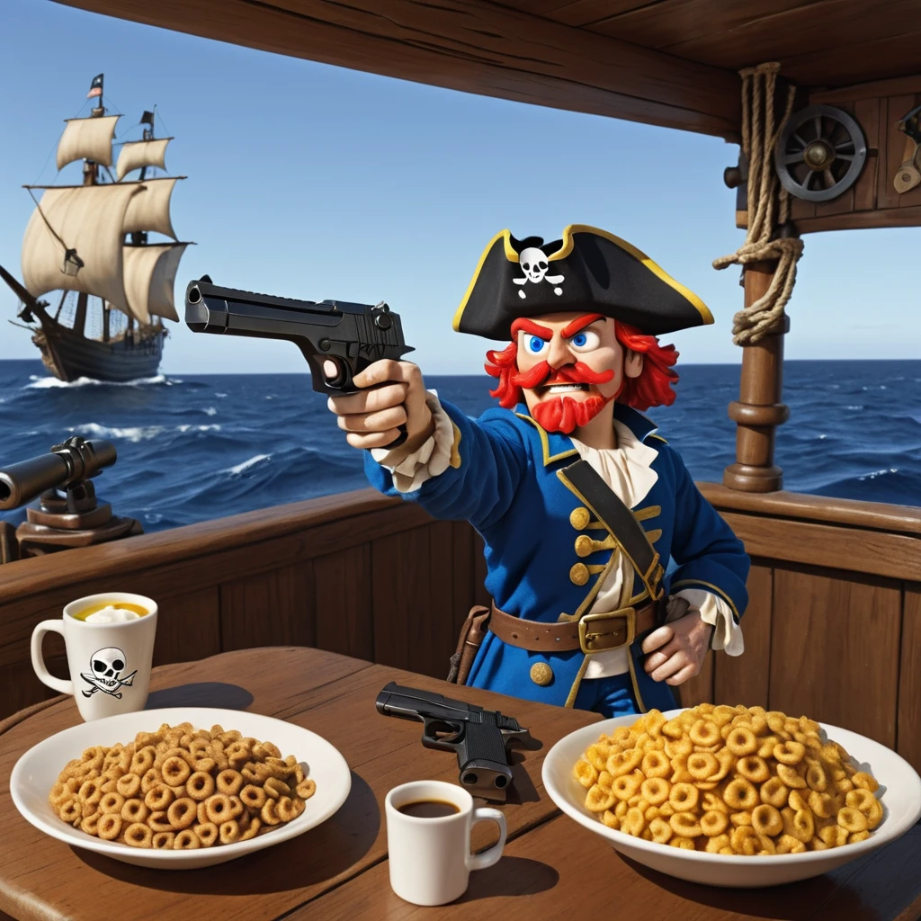 Captain Crunch aiming a black pistol on a pirate ship stranged in a sea of breakfast cereal, deagle,