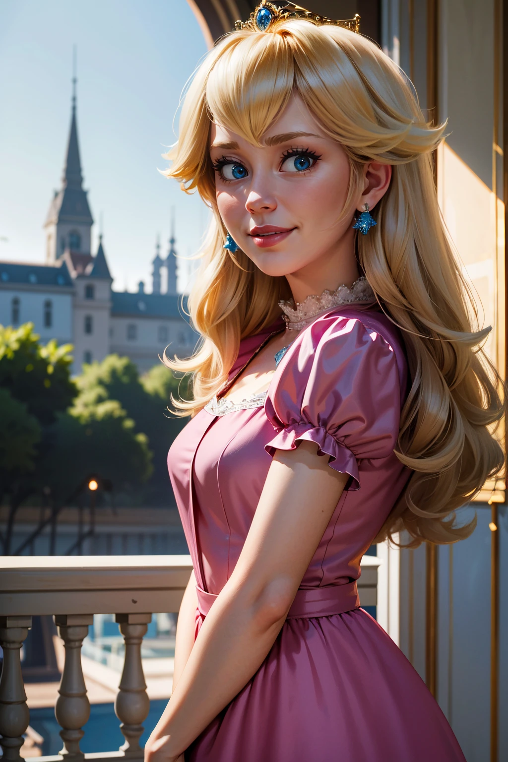 Masterpiece, best quality, Rapunzel, long pink dress, blonde hair, cleavage, looking at viewer, sexy smirk, in a tower, cowboy shot