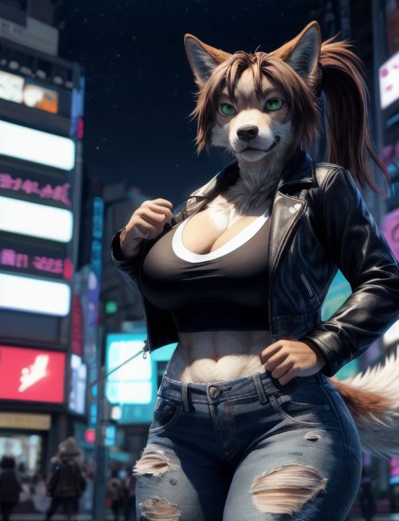 ((masterpiece, best quality:1.4)), bokeh, fluffy, 3d,
furry female, solo, looking at viewer, anthro, action pose, 
wolf, furry wolf, brown hair, long hair, ponytail, light brown fur, green eyes, large breasts, wide hips, leather jacket, torn jeans, open jacket, long tail,
tokyo \(city\), city, city lights, night,