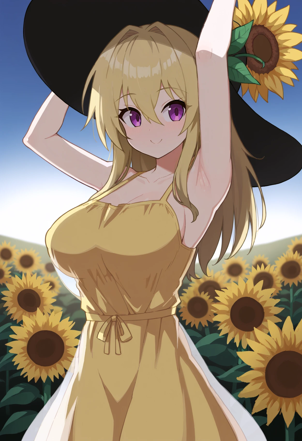 score_9, score_8_up, score_7_up, score_6_up, score_5_up, score_4_up,
simple background, gradient background,
refraction, caustics, rim lights, backlighting, bloom,
BREAK
source_anime, day, outdoors, sky, flower field, sunflower, sunflower field, sunset,
BREAK
1girl, sundress, sunhat, blonde hair, large breasts, see-through silhouette, happy, hair between eyes,
arms up, armpits, light smile,
 <lora:Cromachina-v1-PDXL:1>