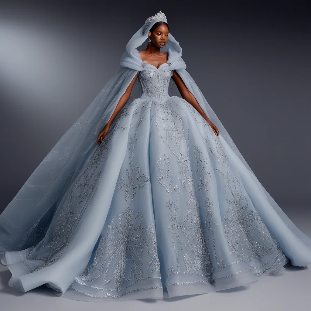 Middle shot photograph of black woman wearing a puffed sleeve Ba11g0wn, icy blue shade, voluminous organza skirt, glittering tulle, tiara veil, silver embroidery, exposed boning, sheer hooded cape,