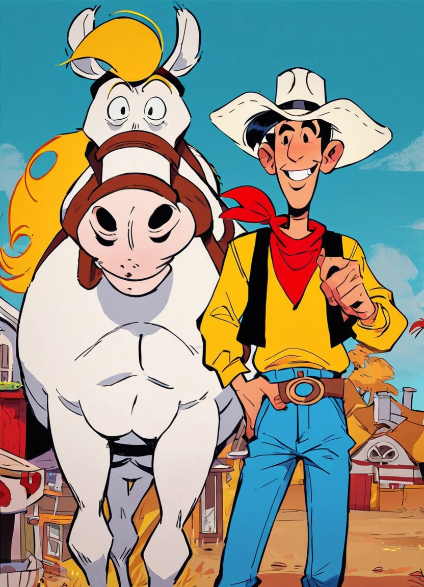 score_9, score_8_up, score_7_up, luckyluke, man with black hair in yellow shirt with a white cowboy hat, red bandana and bue jeans standing next to jollyjumper, white horse with a yellow mane, big smile,, source_cartoon, coyboy town, cinematic,
<lora:LuckyLukePony:0.8>