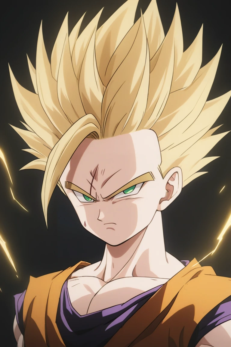 1boy,gohan,super saiyan 2,orange dougi,green eyes,,blonde_hair,yellow aura,electricity,ki,serious,(masterpiece,best quality,detailed,highres),detailed_face,dark_colors,dougi,son_gohan/(dragon ball),backlighting,yellow_aura,portrait<lora:EMS-317132-EMS:0.800000>, <lora:EMS-289246-EMS:0.600000>