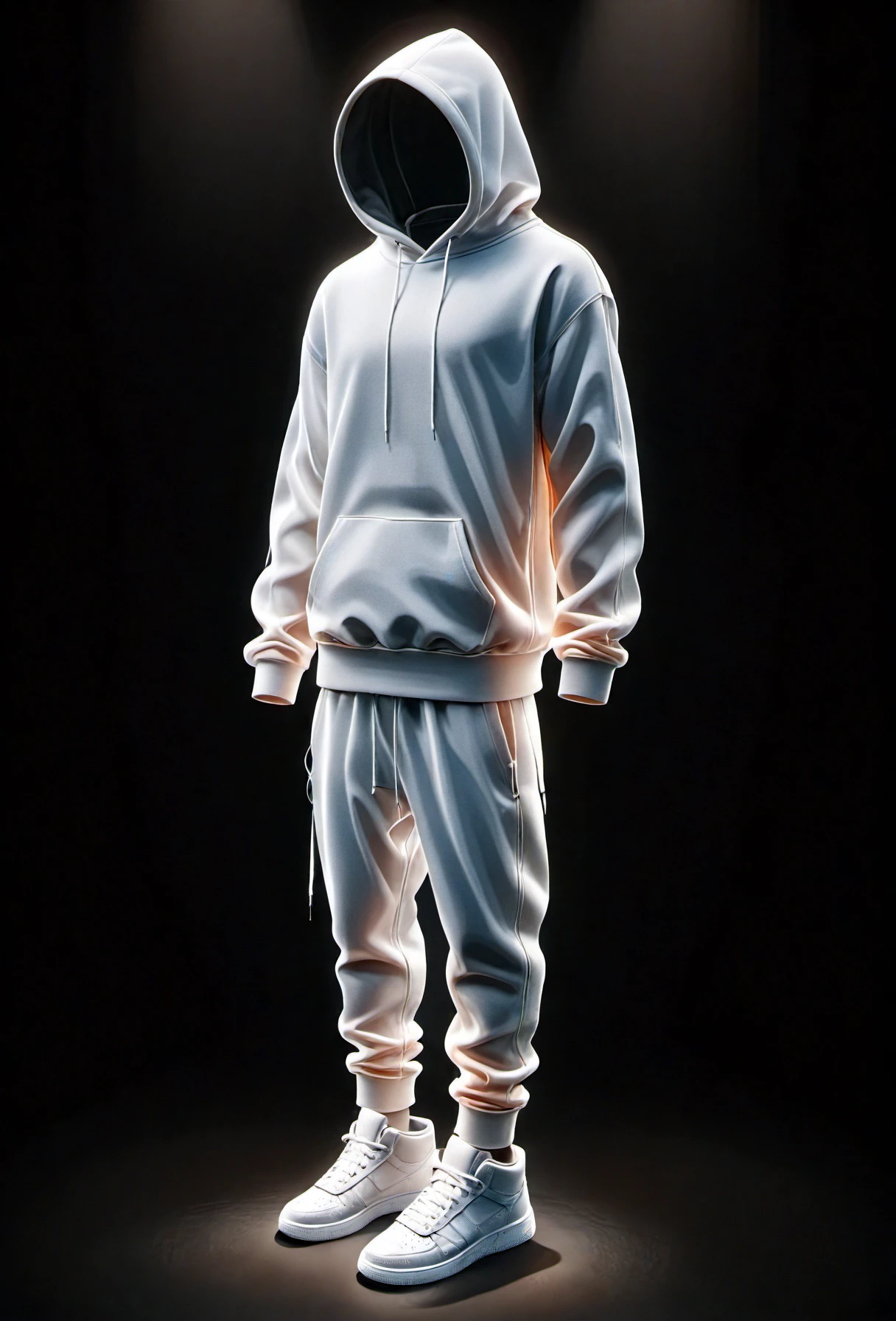 Hollow, A person stands with their hands loosely by their sides wearing a glowing white hoodie, sweatpants and high-top sneakers. The person's face is concealed by the hood, and behind them, a dark background accentuates the glowing outline and creases of the clothing. 