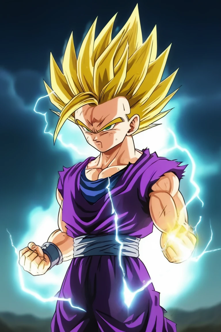 1boy,gohan,super saiyan 2,purple dougi,green eyes,,blonde_hair,yellow aura,electricity,ki,serious,cowboy_shot,(masterpiece,best quality,detailed,highres),detailed_face,dark_colors,arms_crossed,purple_clothes<lora:EMS-317132-EMS:0.800000>