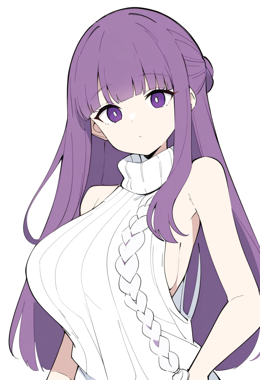 1girl, fern \(sousou no frieren\), sousou no frieren,
long hair, purple hair, purple eyes, braid, large breasts, virgin killer sweater, expressionless,
white background, sketch, flat color,
masterpiece, best quality, very aesthetic, absurdres,